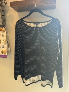 Eileen Fisher Black & Cream Vertical Stitch Knit Crewneck Sweater